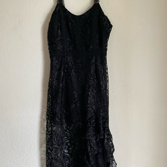 Reveuse Ruffle Hem Black Crochet Lace Semi sheer Coquette Goth Midi Sexy Dress L - Picture 4 of 13